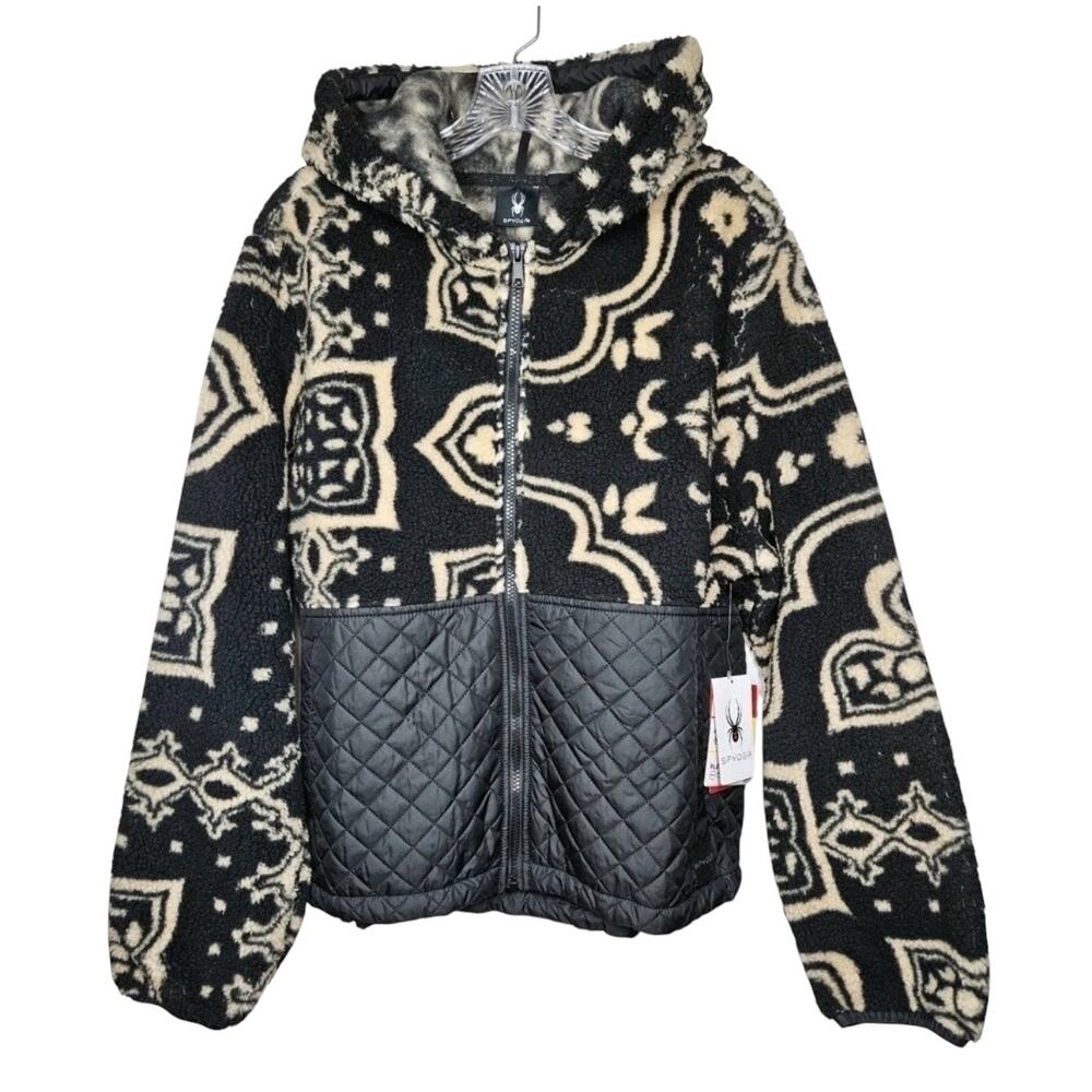 NWT! Spyder $169 Black Sherpa Fleece Quilted Full-Zip Hooded Jacket - Size Large - Picture 4 of 9